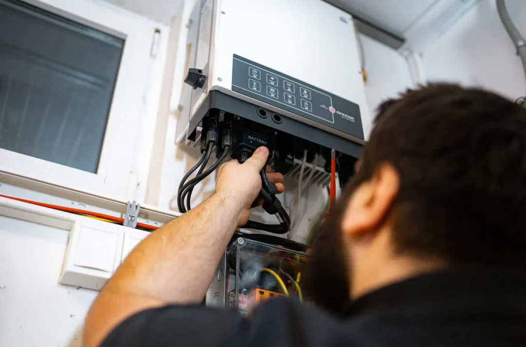 Team bei der Installation einer Photovoltaikanlage, Fokus auf einen Mitarbeiter, der an einem technischen Gerät arbeitet.