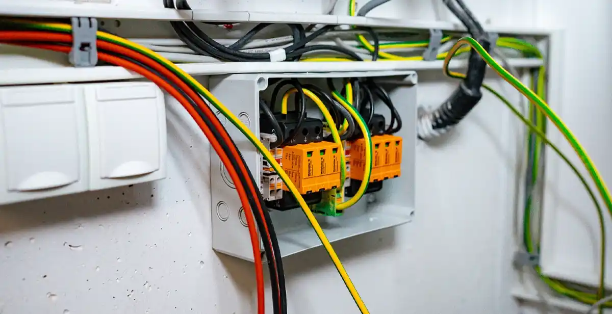 Elektroverteiler mit farbigen Kabeln und Anschlussklemmen in einer Wandinstallation.