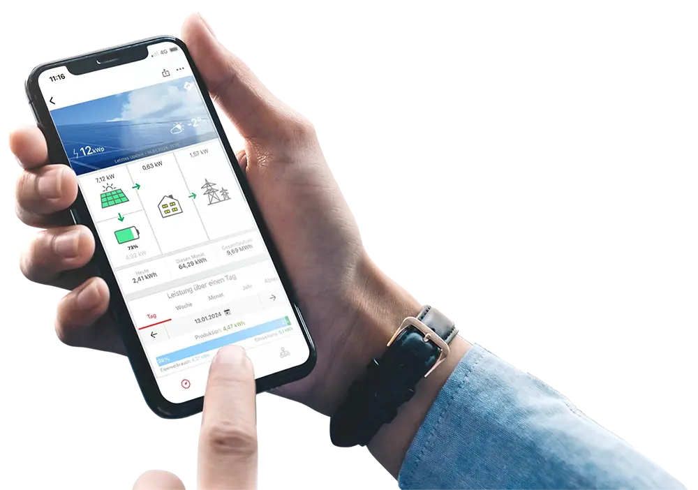 Energie Software auf dem Handy zeigt Verbrauchsdaten und Preise eines flexiblen Stromtarifs