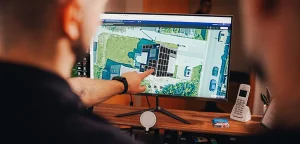 Ein Mitarbeiter von IntHome Elektrotechnik GmbH zeigt auf einem Computerbildschirm eine Luftaufnahme eines Hauses mit installierten Solarmodulen. Die Szene zeigt die Planung und Überwachung von Photovoltaikanlagen