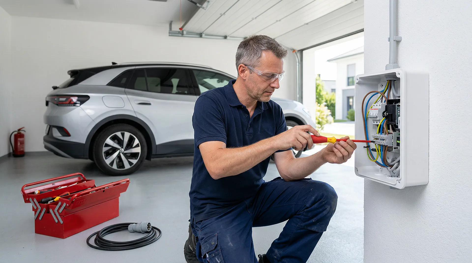 Elektriker installiert eine moderne 11-kW-Wallbox in einer Garage