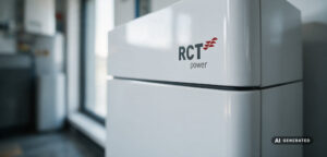 Nahaufnahme eines Stromspeichers von RCT Power im Technikraum, Gehaeuse mit Herstellerlogo, KI-generiertes Bild