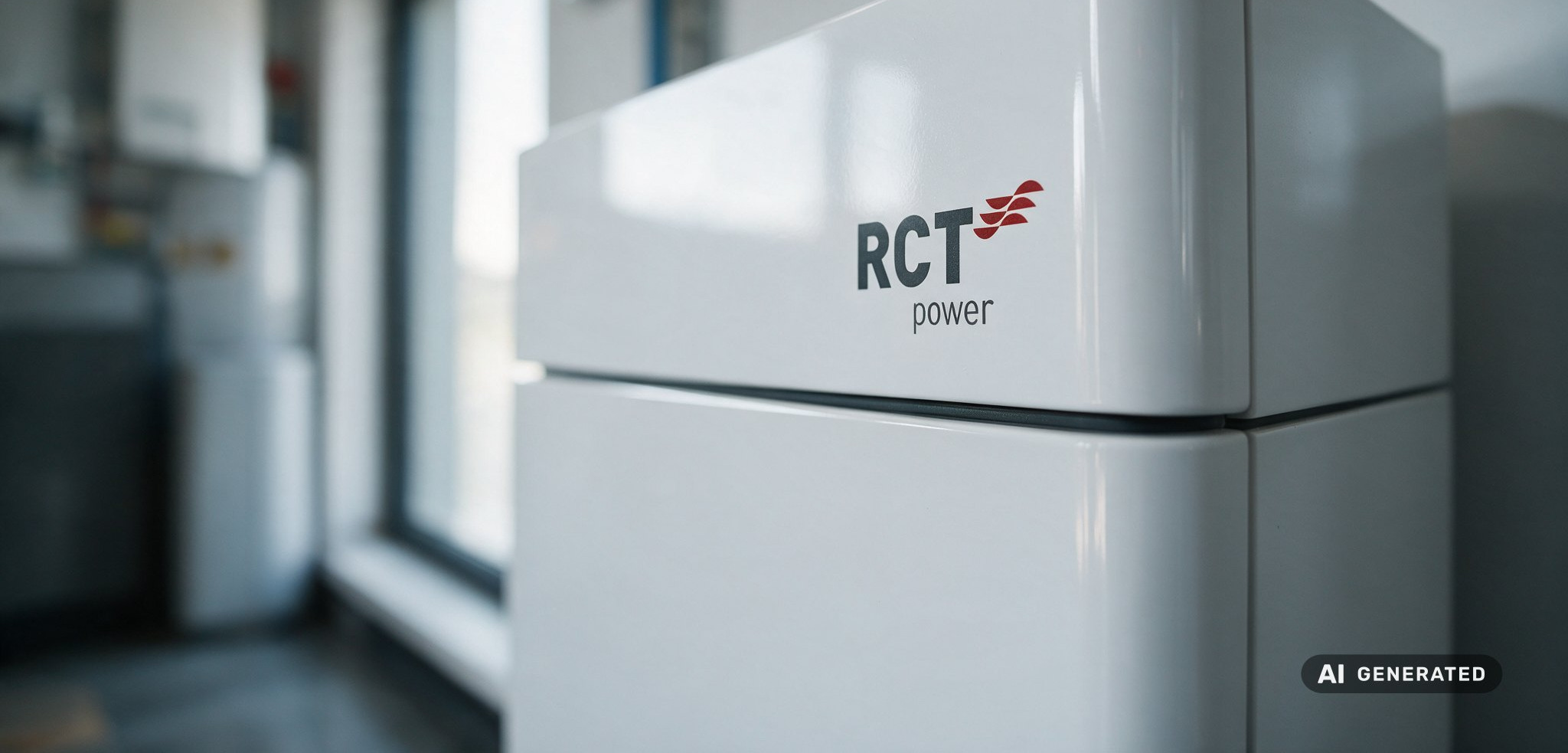 Nahaufnahme eines Stromspeichers von RCT Power im Technikraum, Gehaeuse mit Herstellerlogo, KI-generiertes Bild
