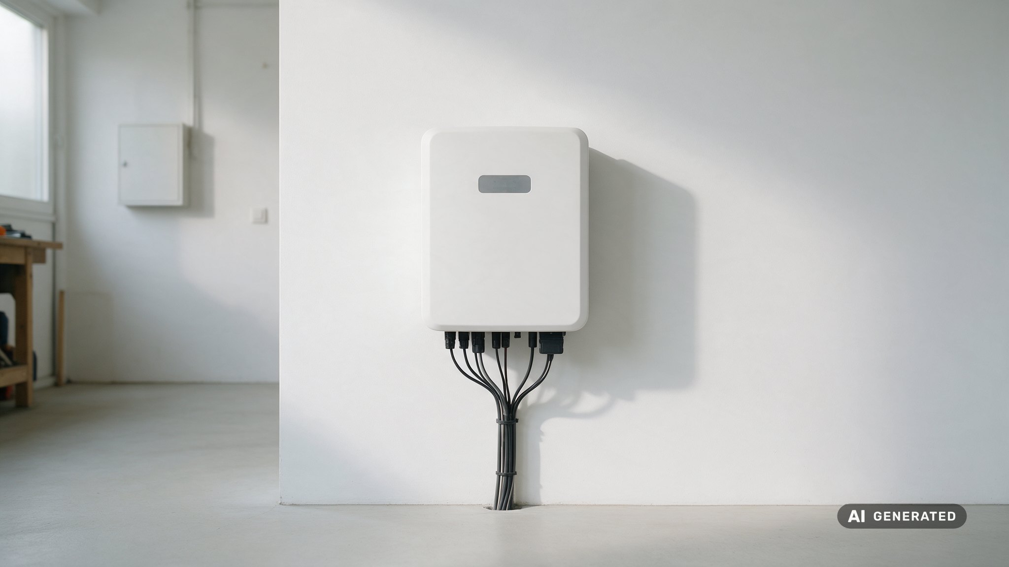 RCT Power Insolvenz: So gehen Betreiber jetzt vor 1 Wechselrichter einer Photovoltaikanlage an der Wand eines Technikraums, darunter die gebündelten Anschlusskabel